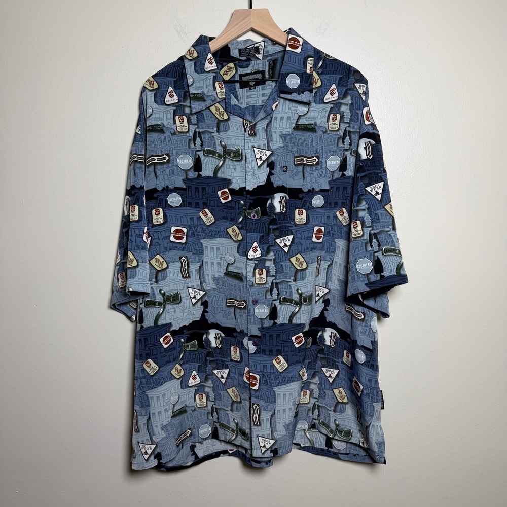 Rocawear Mens Shirt XXL Blue Cityscape Streetwear Graphic Button Up Y2K Urban